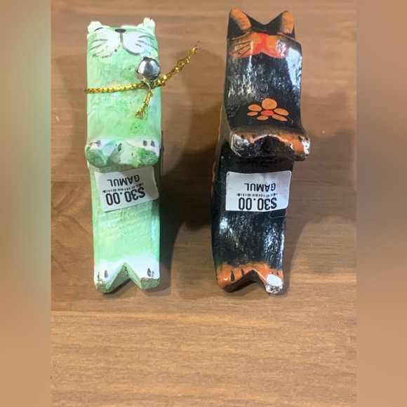 Handpainted Cat Ring Figurines Wood Long Tall Kitties Mexico Set Lot 2 NWT - Picture 13 of 16